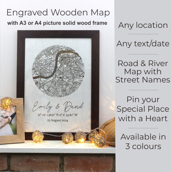 Show your love for your favorite place with this unique, personalized wooden map! Our Engraved Wooden Map can display any location of your choice with a heart pin and two additional lines.
