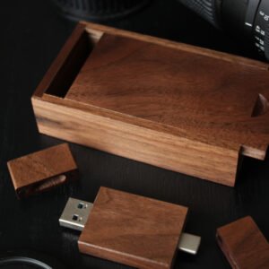 Personalised Wooden rectangular USB-A and USB-C with small presentation box (Walnut)