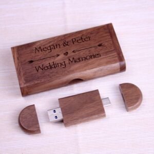Personalised Wooden oval wedding USB-A and USB-C 32GB with small presentation box (Walnut)