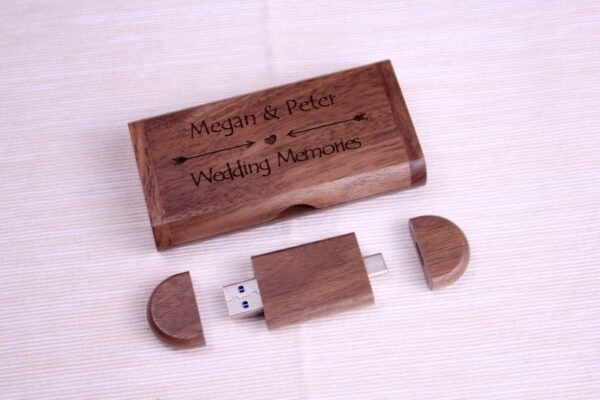 Personalised Wooden oval wedding USB-A and USB-C 32GB with small presentation box (Walnut)