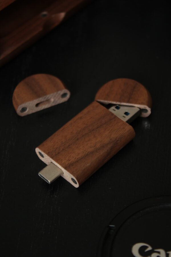 Personalised Wooden oval wedding USB-A and USB-C 32GB with small presentation box (Walnut) - Image 3